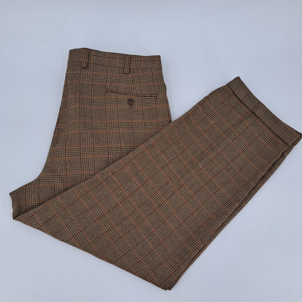 Orvis Men 40x29 100% Wool Brown Glen Plaid Pleated Dress Pants Made in Canada